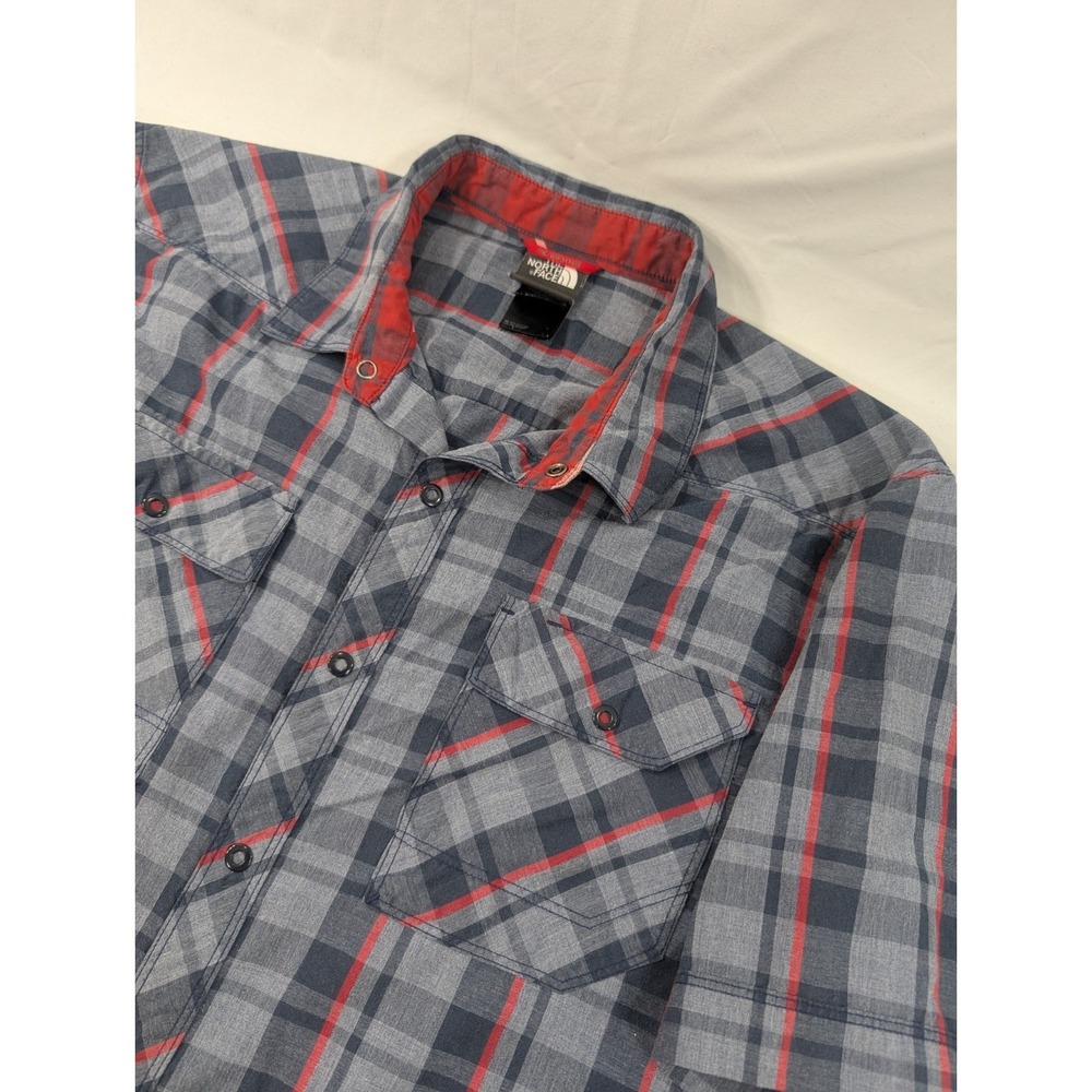 The North Face Button Up Shirt Large Blue Red Plaid Short Sleeve Outdoor Casual